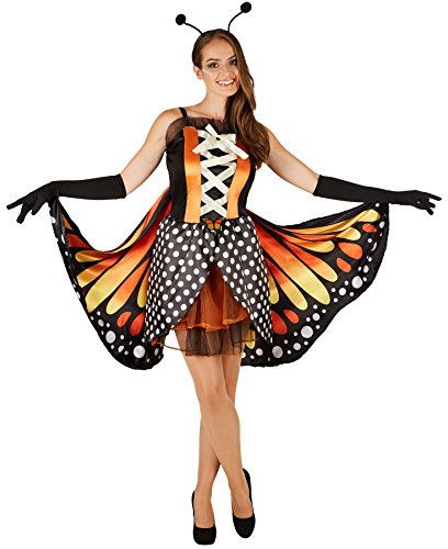 dressforfun Frauenkostüm Schmetterling großer Feuerfalter | Taillierte Korsageoptik | Kurzes, sexy Kleid | Inkl. Große bunte Flügel, schwarze Handschuhe und Haarreifen mit Fühlern (XXL | Nr. 301149)