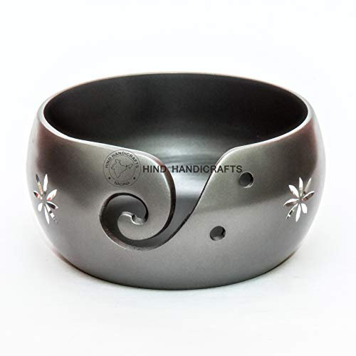 Hind Handicrafts Handmade Aluminium Yarn Bowl Holder | Silver Engraved Portable Crochet Knitting Storage Bowl | Sustainable Gift for Yarn Enthusiasts (6 x 6 x 3, Matte Grey)