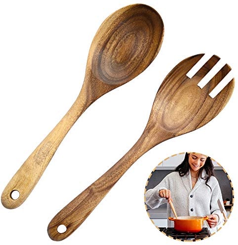 LWZko 2 Piezas Servidores Ensalada Madera, Tenedor de Ensalada de Madera, Natural Madera de Acacia Portátil Hecho a Mano Ensalada Cucharas Tenedor para Hacer Ensaladas, Utensilios de Cocina