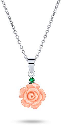 Bling Jewelry Collier Pendentif Romantique Délicat Fleur Florale Épanouissante 3D Rose Rose Verte Accent CZ Pour Femmes Pour Adolescente en Argent Sterling .925