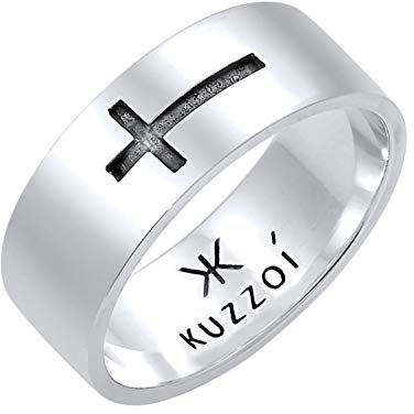 Kuzzoi Herrenring Bandring für Männer mit Kreuz Motiv aus 925 Sterling Silber, Breiter Silberring (8 mm) im kantigen Design, Breiter Ring für Herren mit Kreuz oxidiert, Ringgröße 62, 0610890620_62