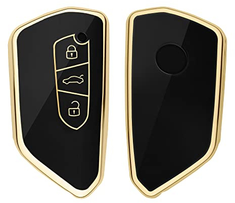 kwmobile Autoschlüssel Hülle kompatibel mit VW Golf 8 3-Tasten Autoschlüssel - Schlüsselhülle Silikon Cover - Schwarz Gold