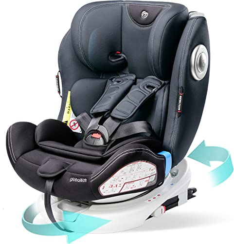 globalkids Safety Baby Car Seat with Isofix and Top Tether, 360 Degree Rotating Child Seat for All Group 0-12 Years Old (up to 36kg), Black (2022 Edition)