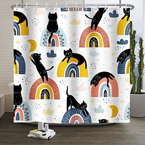 SDOTPMT 105x160cm Mignon Animal Rideau de Douche Abstrait Dessin animé Le Noir Chat Coloré Arc-en-Ciel Rideau de Bain Animaux domestiques Rideau de Baignoire pour Enfant Salle de Bain avec Crochets