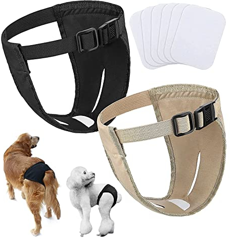 Pack of 2 Hundehosen Bei Läufigkeit,Reusable Läufigkeitshose für Hündinnen,Washable Höschen für Hunde Läufigkeit with 6 Sanitary Pads,Adjustable Hundehöschen Läufigkeit (Black, Khaki, M)
