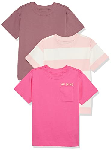 Amazon Essentials Unisex Kinder Modernes Kurzarm-T-Shirt, 3er-Pack, Rosa Textaufdruck/Staubrosé/Weiß Rugby-streifen, 5 Jahre