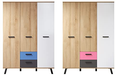 trendteam smart living - Kleiderschrank Schrank - Babyzimmer - Mats Color - Aufbaumaß (BxHxT) 130 x 190 x 61 cm - Farbe Bianco Buche/Weiß/Grau mit Blau/Rosa - 1976613D4