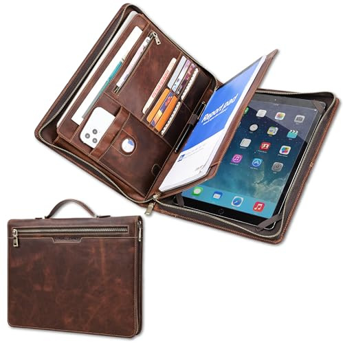 CataPurus Top Grain Leather 12.9 Zoll Strap Großes Portfolio, Vintage Design, Handarbeit, Große Kapazität, Halter für Karten/Tablet/Telefon/AirTag/A4 Doc, Coffee 12.9 Zoll