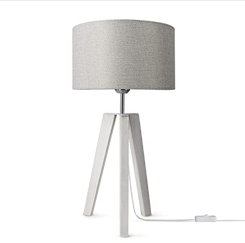 Paco Home Tischleuchte Dreibein Nachttischlampe Stehlampe Schlafzimmer E27 Stoff Lampenschirm E14 Mit Schalter Einfarbig, Farbe:Grau (Ø28cm), Leuchtenart/Farbe:Tischleuchte - Weiß