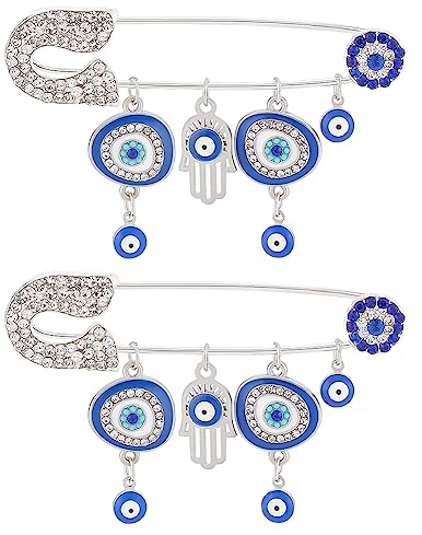 WEBEEDY 2 Stück Evil Eye Brosche - Blue Eye Schmuck Sicherheitsnadeln, Hamsa Brosche Pins, Juwelenbesetzte Sicherheitsnadel als Glücksbringer