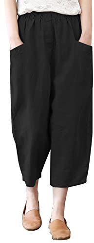 Einfarbige, lockere Damenhose mit hoher Taille und Taschen aus Baumwolle und Leinen Beachvolleyball Hose Damen