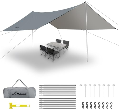 WADEO Lona para Tienda de Campaña 3,6 x 4,8 m, Lona para Camping con Postes + Estacas + Cuerdas tensoras, Impermeable, Ultraligera y Anti-UV, Ideal para Acampar Senderismo Picnic al Aire Libre - Gris