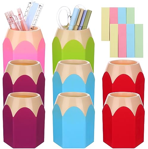 liuuuu 8-Piece Plastic Pen Vase Pen Holder Organizer with Creative Pencil Tip Design + 800 Pcs Colorful Mini Sticky Notes
