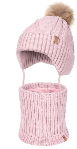 HEYO Kinder Winter Set Mütze warm Schlauchschal Loopschal weich Ohrenschützer Bommelmütze Rundschal Kleinkinder Ohrenklappen Strickmütze gefüttert mit Fleece (Rosa)