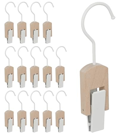 Relaxdays Set da 15 Appendi Stivali, Gruccia in Legno con Clip e Gancio in Ferro, Mollette Gommate, Bianco e Legno
