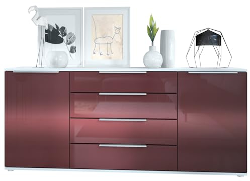 Sideboard Linio V2 – Moderne Kommode mit 2 Türen & 4 Schubladen, Weiß matt/Bordeaux Hochglanz, 166,5 x 72,5 x 35 cm (BxHxT) – Beistellschrank Anrichte Standschrank