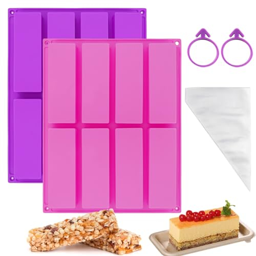 2 Pezzi Stampi da forno per barrette di cereali,Stampo Rettangolare in Silicone a 8 Cavità,con 100 sac à poche usa e getta,senza BPA,per barrette di cereali,Torrone,Cioccolato,Torte (Rosa+Viola)