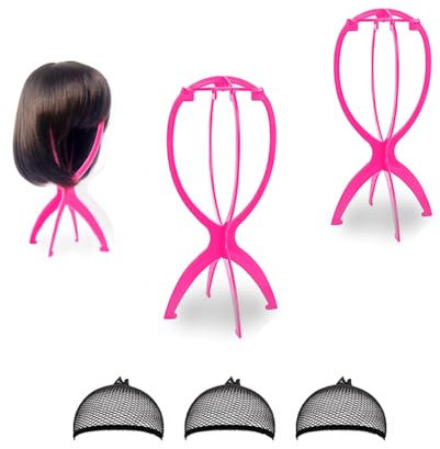 RHQFDM 3 Pièces Porte Perruque Set Porte Perruque Pliable Porte Perruque Portable Porte Perruque en Plastique Pour Ranger Chapeaux et Foulards de Perruque(rose)