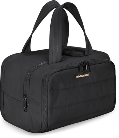 BAGSMART Toiletry Bag Large Travel Makeup Organiser, 2 Full Open Upright Compartments, Cosmetic Wash Bag with Wet & Brushes Pocket, Essentials Accessories for Women, Black