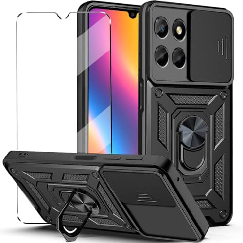 Honor X6B 2-in-1 Tempered Glass Case with Slide Camera Protection Cover Screen Protector Heavy Duty Military Grade Protective Cover phone holder Case, Black