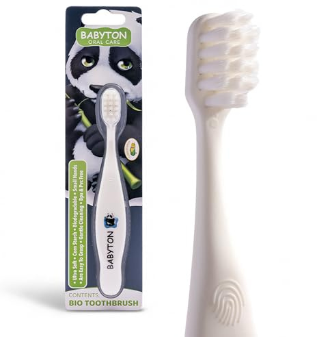 Babyton Bio-Zahnbürste, umweltfreundlich, weiche Borsten für Babys, ergonomischer Griff, biologisch abbaubares Maiskolben-Material (Panda)