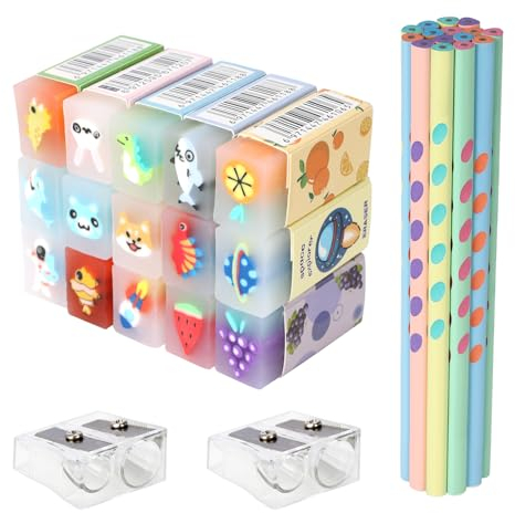 32 Stück Radiergummi mit Schreibhilfe Bleistiftspitzer Set, 15 Mehrfarbig Spielzeug Früchte PVC Radiergummi, 15 Rutschfeste Dreieckige Kinder Bleistifte HB Anzug 2 Bleistiftspitzer für Büro Schule