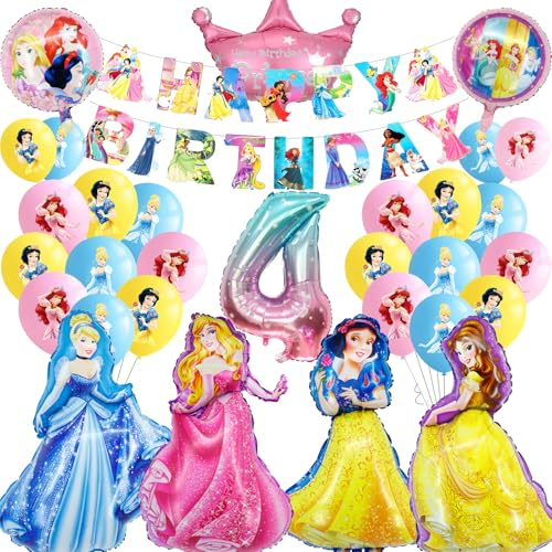 Prinzessin Luftballons Geburtstag Deko 4 Jahre Mädchen- Prinzessinnen Geburtstagsdeko 4 Jahr Princess Ballon Deko 4. Geburtstag Folienballons Birthday Banner für Kindergeburtstag Party Ballons Deko
