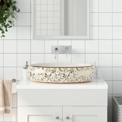 Lavabo da Appoggio Bianco e Oro Ovale 59x40x15 cm Ceramica,Lavandino in ceramica elegante e vintage da appoggio per bagno, lavabo unico e fatto a mano