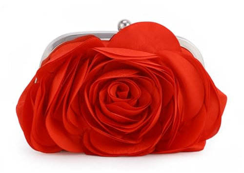 Fecialy Donna Borsa da sera Borsellino in raso floreale con catena Rose Pattern Purse Party Prom Handbags