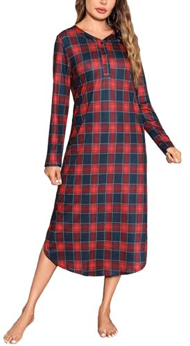 Irdcomps Chemise de Nuit Femme Manches Longues Col en V avec Boutons Doux et Léger Chemise de Nuit à Carreaux Grande Taille Noir Rouge XXL