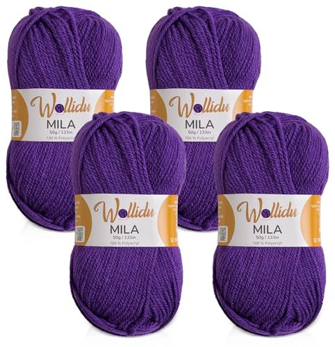 Wollidu Mila Garn zum Häkeln und Stricken 4 x 50g/133m Strickgarn 100% Polyacryl Häkelgarn Lila
