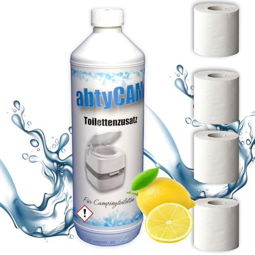abtyCam - Sanitärflüssigkeit für Campingtoilette Toilettenzusatz Chemie WC Flüssigkeit Sanitärzusatz Chemietoilette inkl. 4 Rollen Camping Toilettenpapier (1 Liter Flasche + 4 Rollen Toilettenpapier)