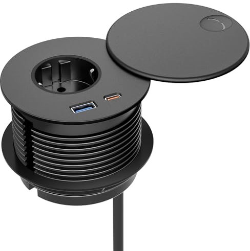 Airmom Bloc Prise Encastrable USB C PD 20W, Prise Encastrable Plan de Travail Noir avec USB A et C, Câble de 2m, 80 mm de Diamètre