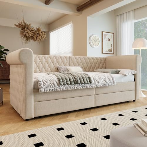 Soweiz Vintage Kopfteil Polsterbett Sofabett, Schlafsofa Tagesbett mit 2 Stauraum Schubladen, Kinderbett Jugendbett Bettgestell mit Lattenrost aus Holz, Linen, 90x200 cm (Beige)