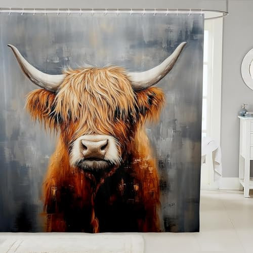 Loussiesd Hochlandkuh Duschvorhang 180x200cm Hochlandrinder Couchdecke Tier Duschvorhang Textil Wasserfest Wildtiere Badvorhang Badezimmer Grau Orange Duschvorhang