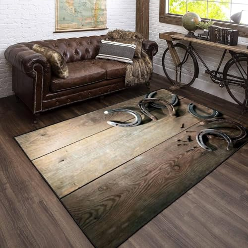 Sxakswol Teppich Wohnzimmer 80x120 cm Vintage Hufeisen Aus Holz 3D Teppich Landhausstil Küche Esszimmer Schlafzimmer Teppich Kurzflor rutschfest Waschbar Teppiche Weich Pflegeleicht a-1297