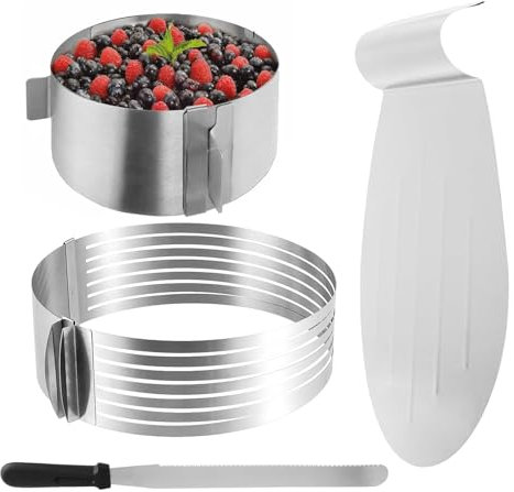 NAMYEUT 4 TLG Tortenzubehör Set Edelstahl, Tortenboden Schneidehilfe Ø24-30, Konditormesser, Tortenring Verstellbar Ø16-30, Tortenboden Schneidehilfe Set