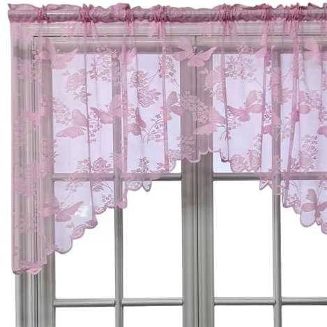 MOHUIED Gardinen kurz Kurzer Volant-Vorhang mit besticktem Schmetterling im Landhausstil for die Küche, kleines Fenster, halbe Gardinenstange, Tasche Oben(Pink)