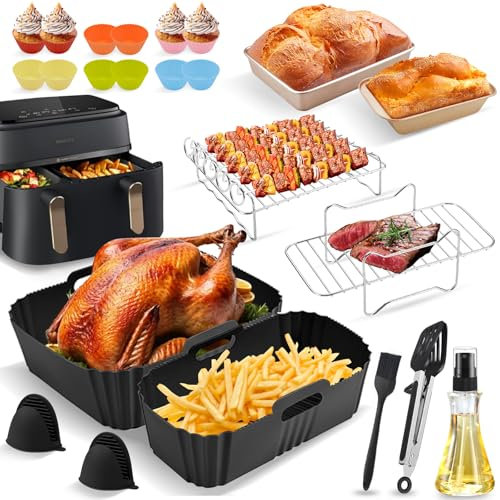 Airfryer Zubehör für Philips Airfryer Dual Basket 3000 Series NA350 und 5000 Series XXl Zubehör NA550 6L/3L, 23-teiliges Heißluftfritteuse Zubehör Kompatibel Mit Tefal EY9018 Dual Easy Fry 5,2/3,1L