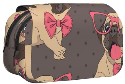 YXDVPALNE Karikatur, Mops, Hundebaby, In, A, Brille, Und, In, A, Fliege Doppeltes Clamshell-Stifteetui, tragbares Bleistiftetui mit Reißverschluss