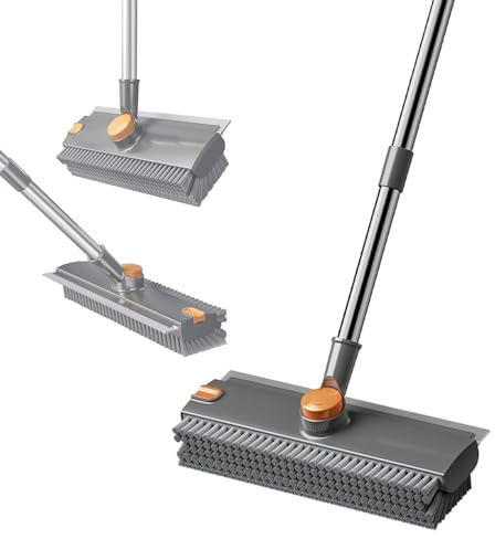Floor Scrubbing Brush with Squeegee,360° Sweeping Broom,Adjustable Handle | 53 Telescopic Long Handle,Stiff Bristle,Bathroom Cleaning Brush for Deck,Garage,Kitchen,Tub,Patio,Tile,Wood Surface