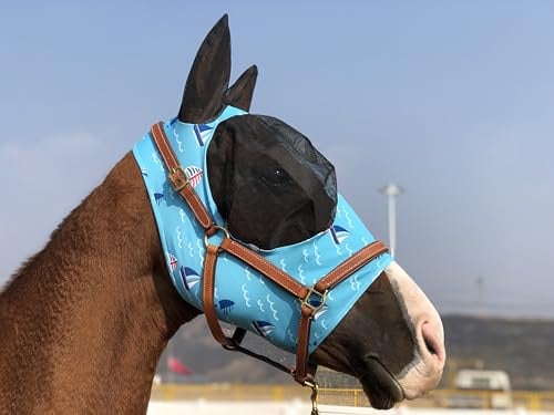 TGW Riding Super Fit Pferdefliegenmaske Pferde Fliegenmaske Horse Fly Mask (Sky Blue, M)