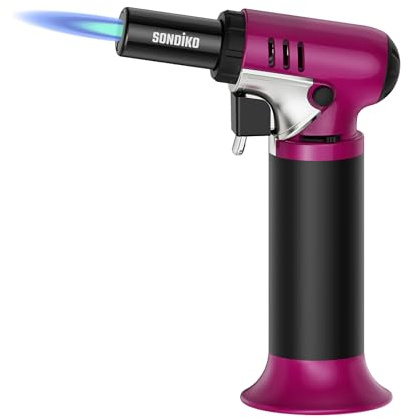 Sondiko Kitchen Blow Torch with Fuel Gauge S907, Refillable Soldering Torch Lighter with Safety Lock and Adjustable Flame for Desserts, Creme Brulee, Welding, Pink & Black (Butane Not Included)