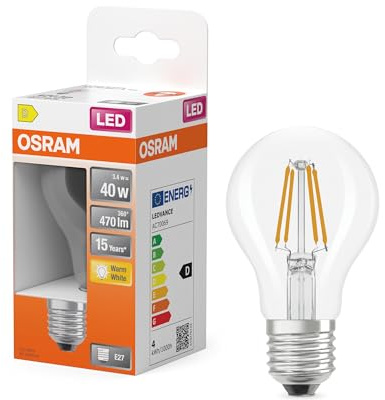 Osram LED-Lampe Star Kolbenform A40 Filament, 2700 K warmweiß, 3,4 W, E27, klar, 470 lm, 15.000h, für Decken- und Stehleuchten, Wohnraum