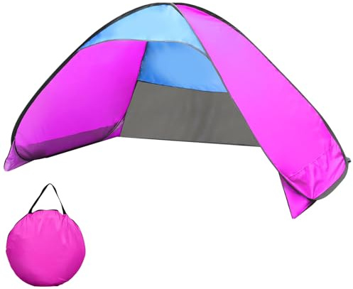 Strandmuschel Pop Up 3-4 Personen, Strandzelt Sonnenschutz Strand mit 50+ UV Schutz, Automatisches Tragbarer Wurfzelt mit Tragetasche und Heringe für Familie Camping Garten Strand (Rosa Groß)