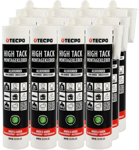 TECPO High Tack Montagekleber, 12x 455g zum Kleben, Dichten und Montieren Baukleber für Innen-und Außenbereich MS-Polymer Baukleber mit starker Anfangshaftung für Bauteile Kleben statt Bohren