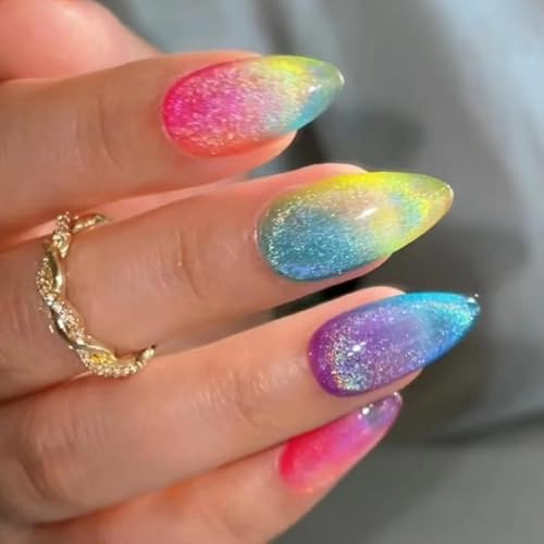 24Pcs Long Almond Press on Nails – Rainbow Gradient Glitter False Nails – Colorful Stick on for Women & Girls, Glossy Fake Art Set for Parties & Gifts
