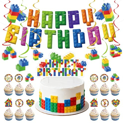 Vbxvsa Bausteine Party Deko Set, Geburtstagsdekoration mit Banner, Cake Topper & Girlanden, Bunte Baustein-Partydeko