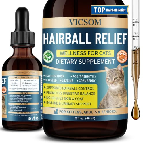 VICSOM Hairball Remedy for Cats, Cat Hairball Treatment Drops, 2 fl oz | Psyllium Husk, Fos & Flaxseed Support Digestion And Hairball Passage; Chicken-Flavoured Drops For Long-Haired Cats.
