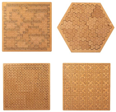 Fractal Tray Puzzles, Hard Wooden Jigsaw Puzzle for Adults, Mind-Bending Irregular Design, Portable Puzzle for Reverse Thinking and Family Fun (4pcs)